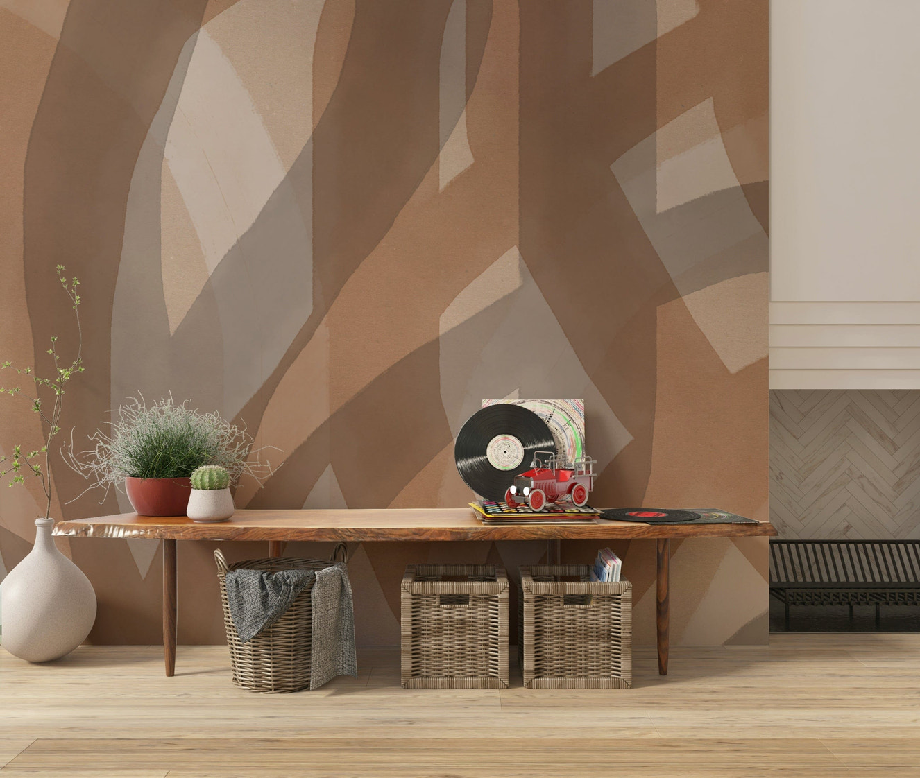 A graceful subtle texture wall mural in warm, natural tones.

