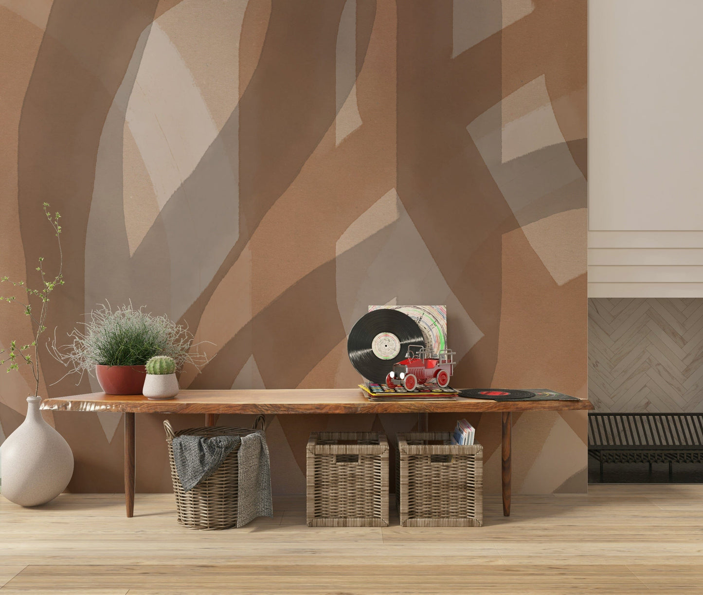 A graceful subtle texture wall mural in warm, natural tones.

