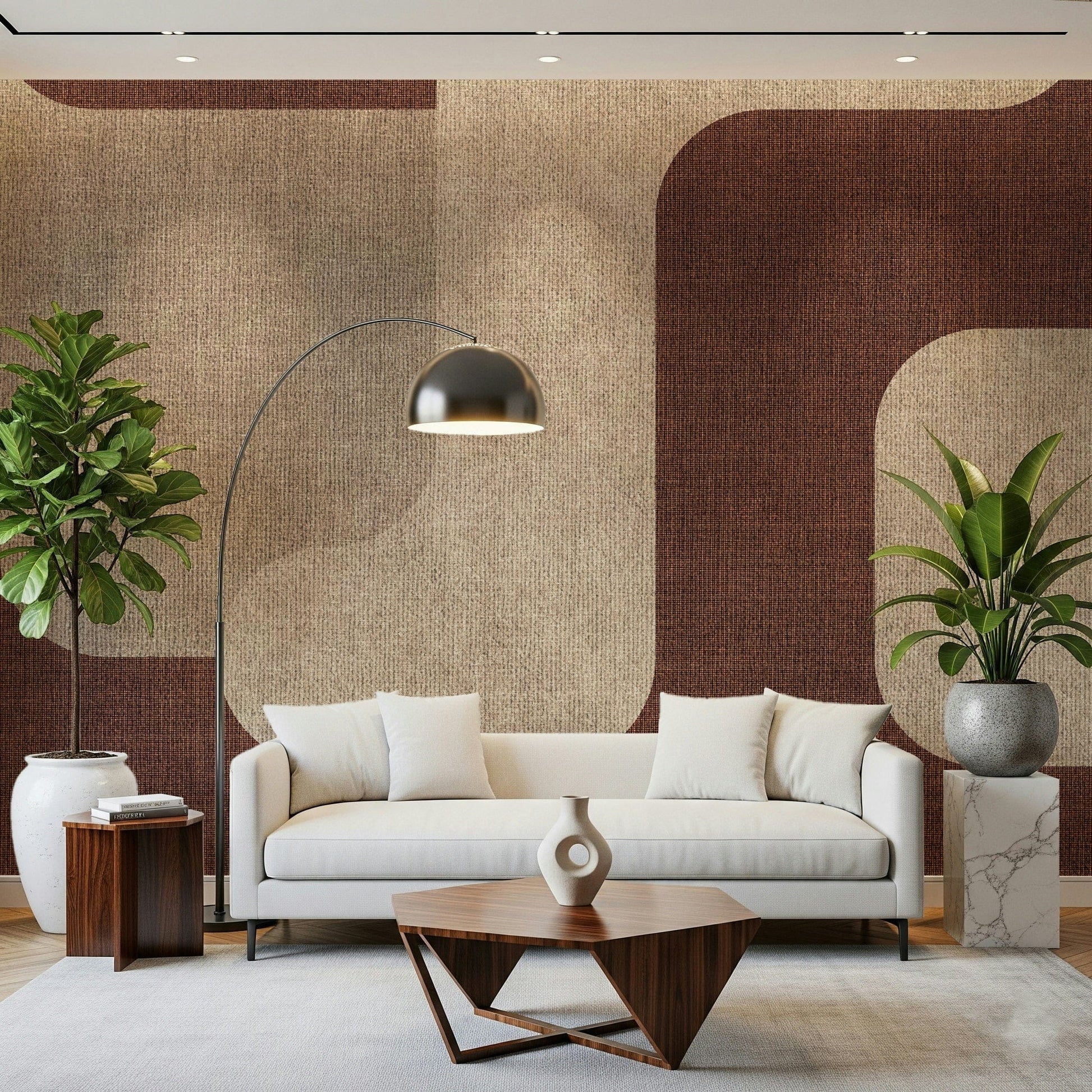 Textured mocha curves anchor this abstract wall mural.