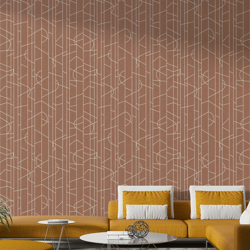 Living room with neutral curved line wallpaper

