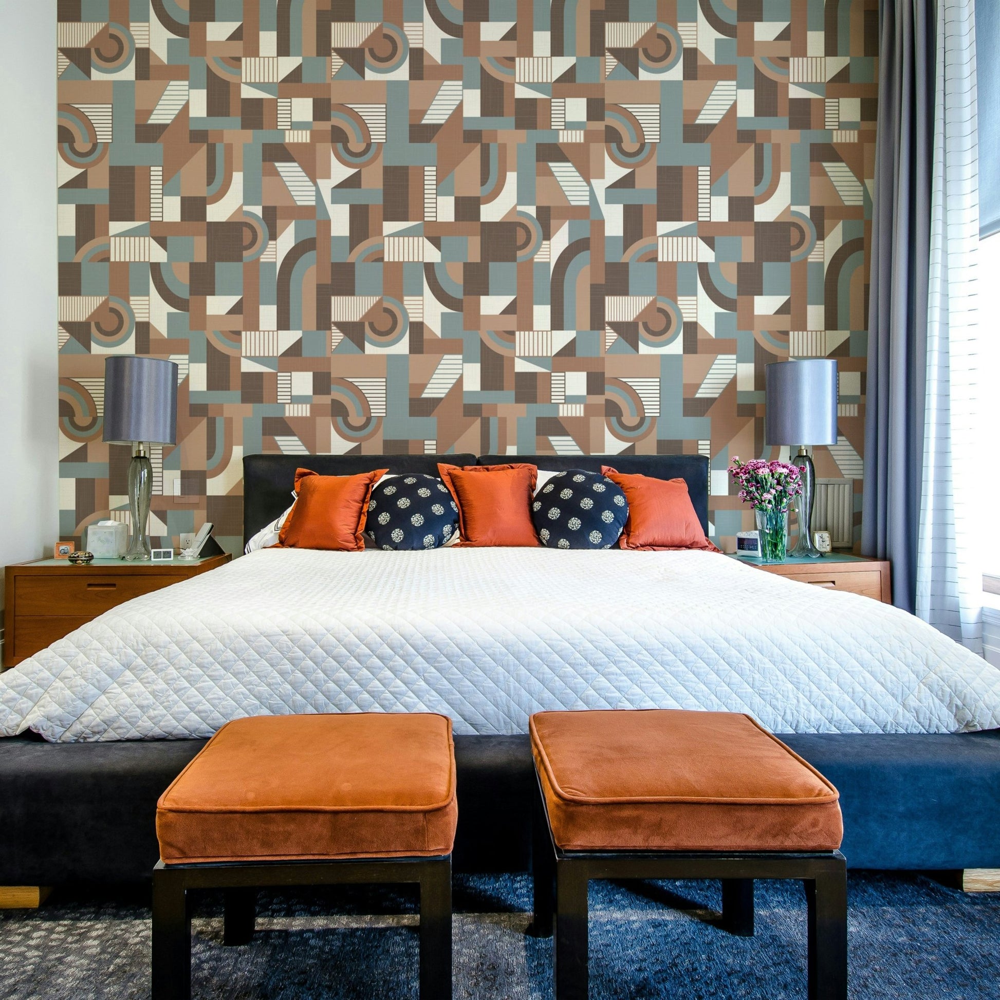 The wallpaper is installed in a modern, elegant living room.

