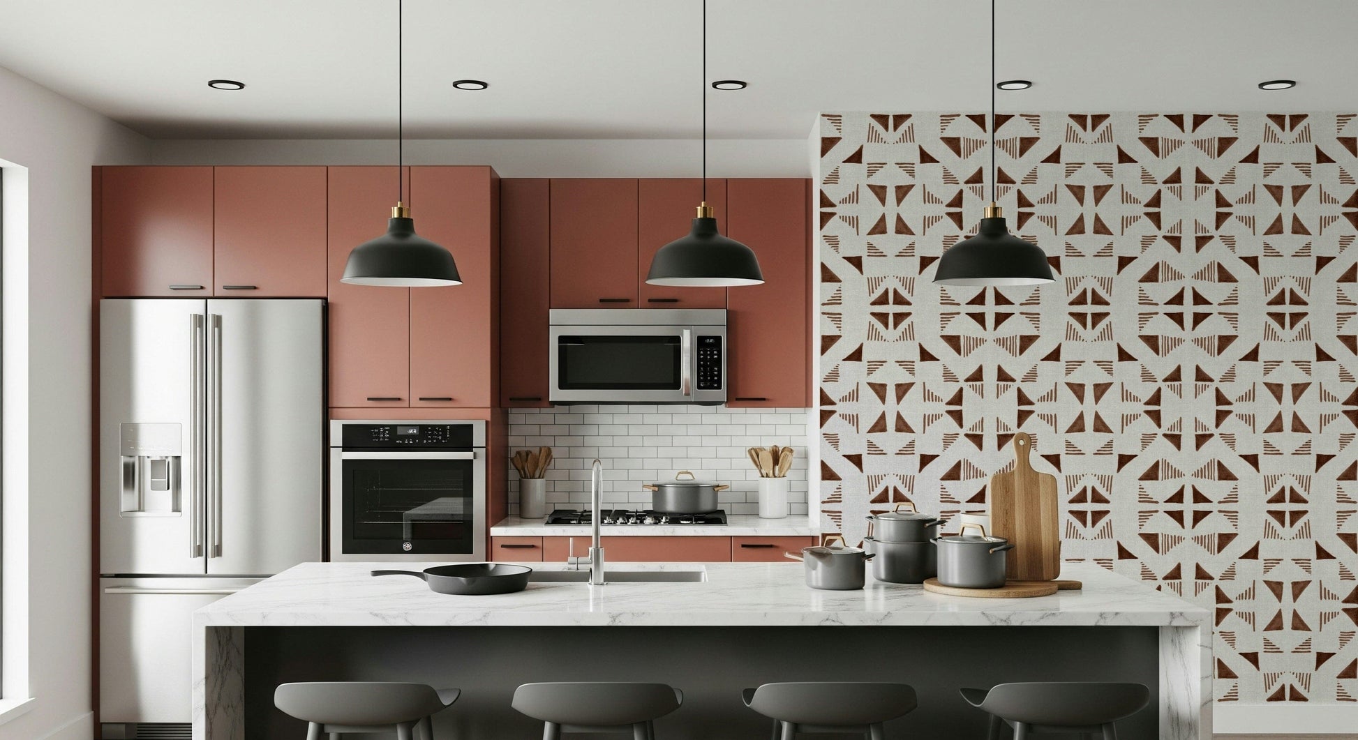 Modern mocha-toned triangle wallpaper creating a cozy and stylish accent wall.