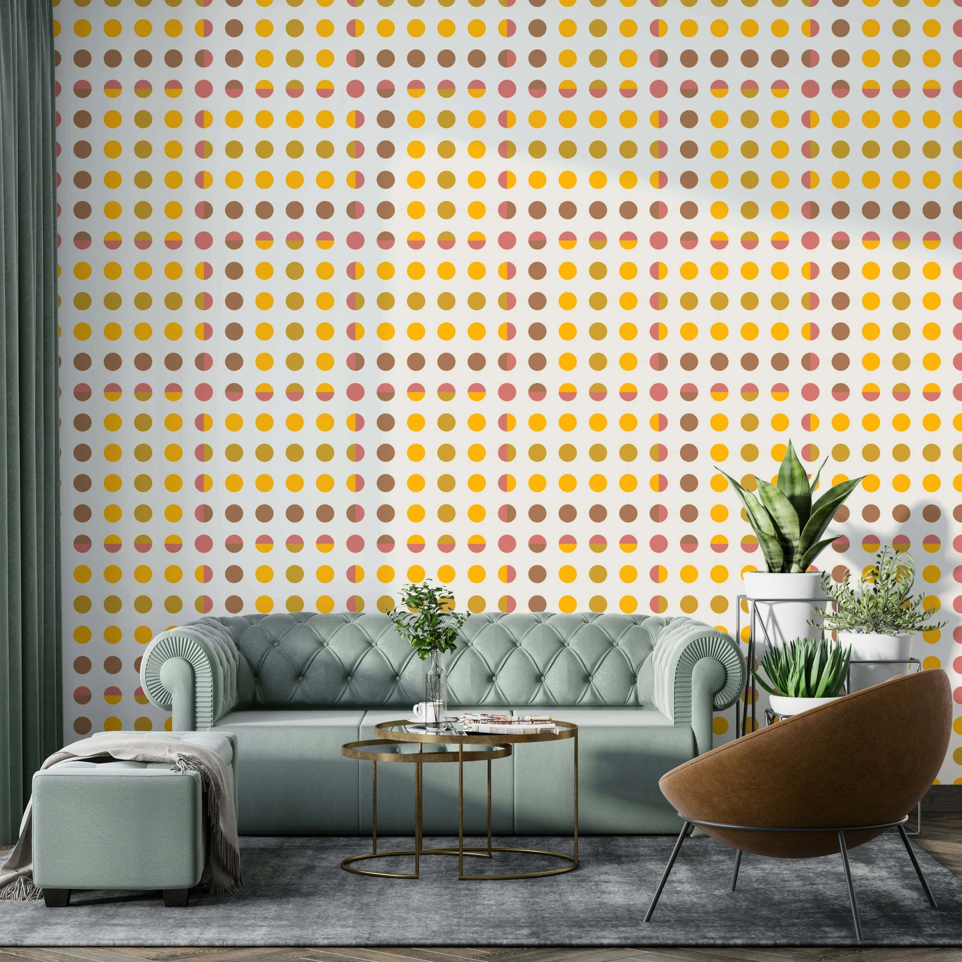 Modern workspace with a subtle and organized polka dot wall mural.