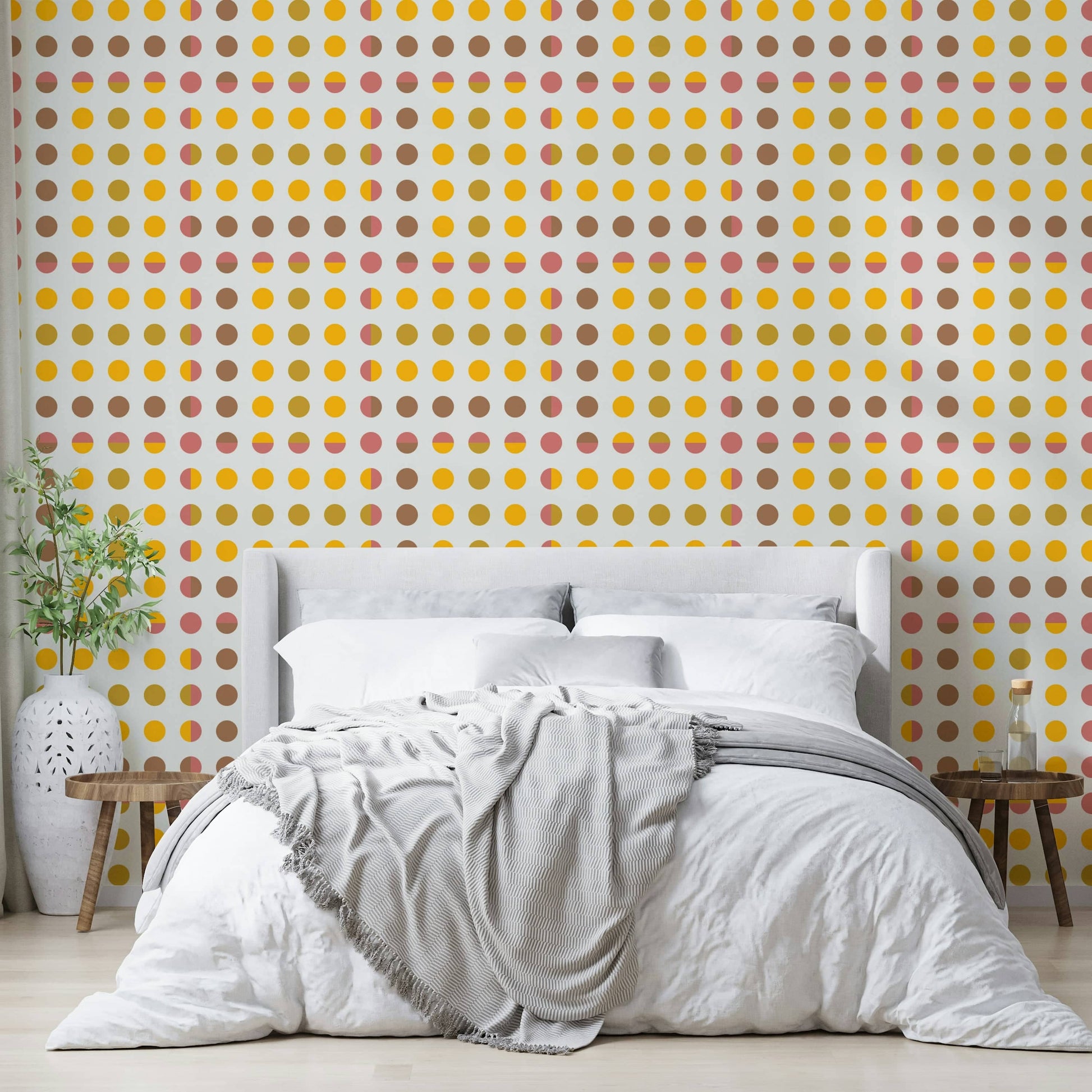 Abstract geometric circle wall decor for a bright and airy apartment.