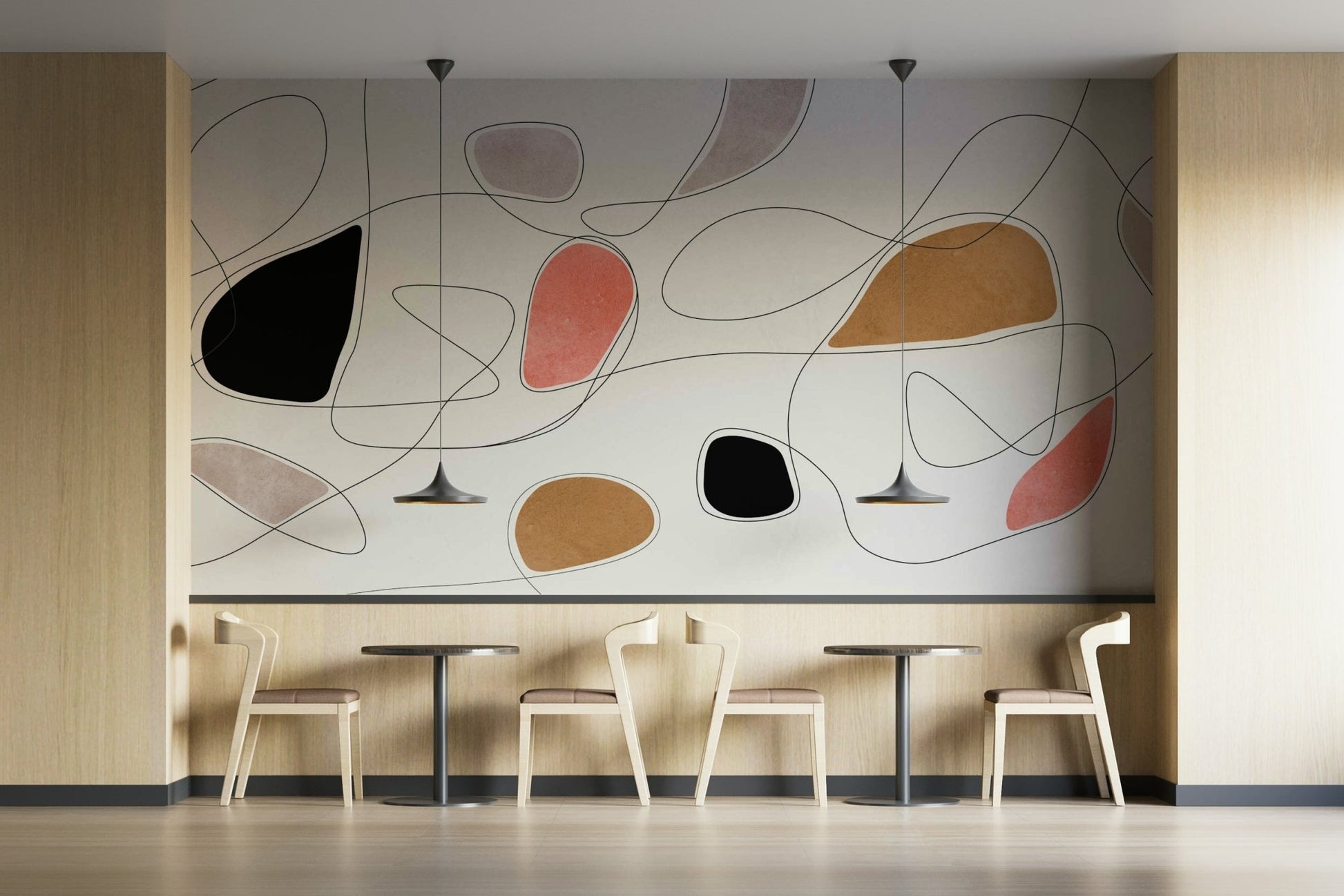 The mural extends across the entire wall, creating a clean backdrop.

