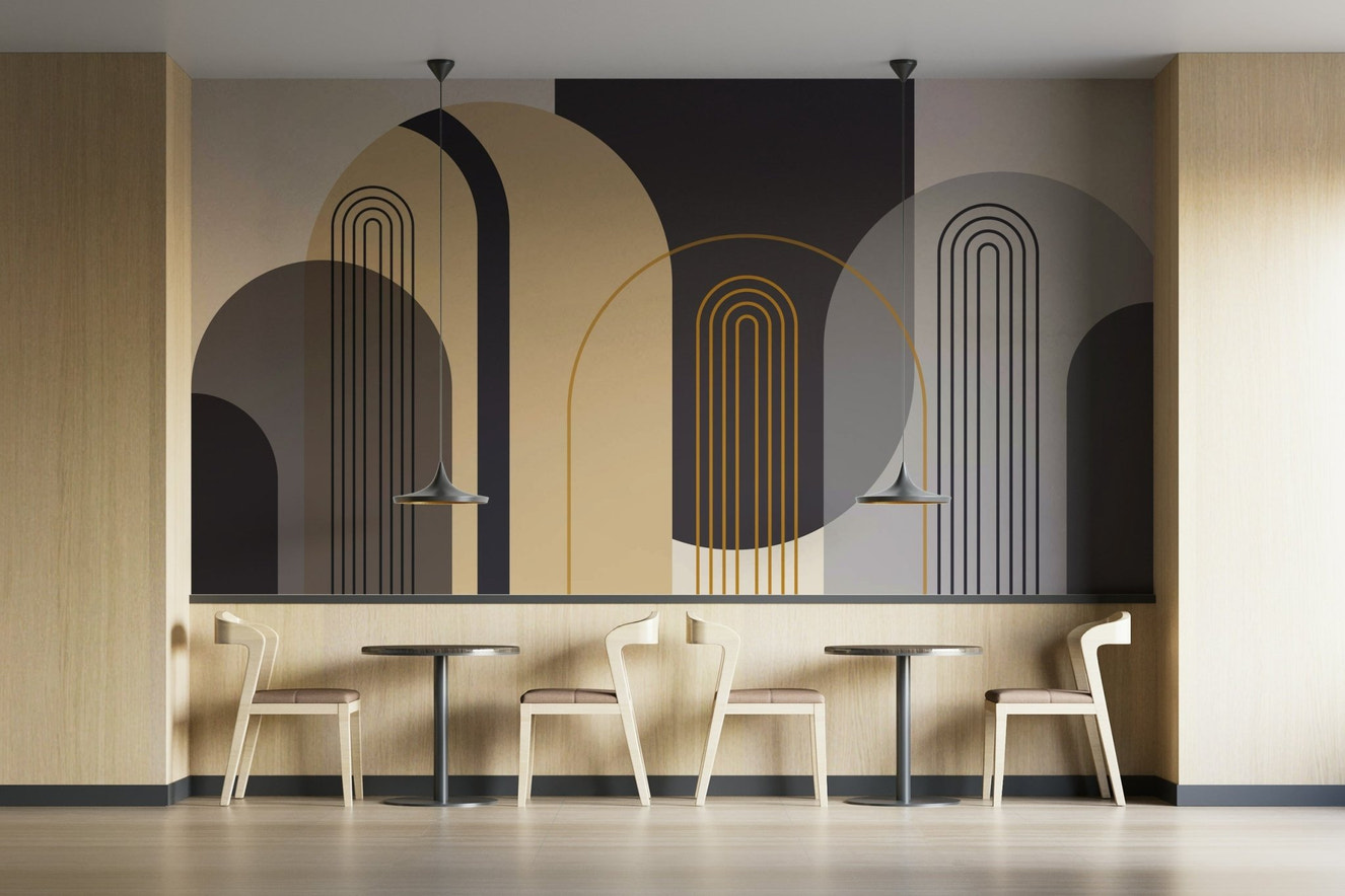 A wall mural of an abstract, geometric pattern.

