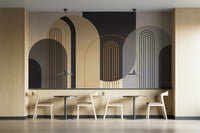 A wall mural of an abstract, geometric pattern.

