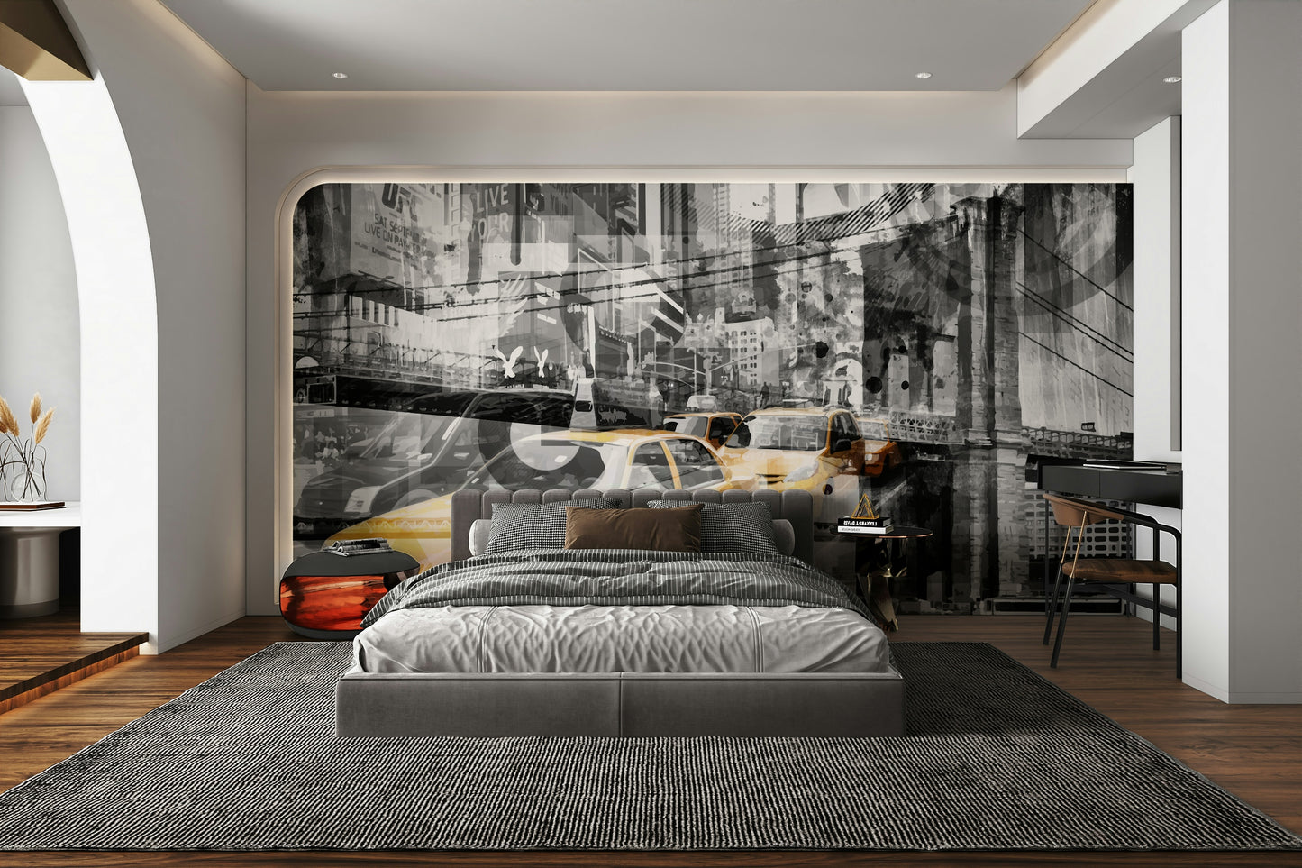 New York collage wall mural with bold textures

