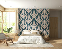 Contemporary Aztec floral wallpaper featuring repeating cream geometric leaf forms.