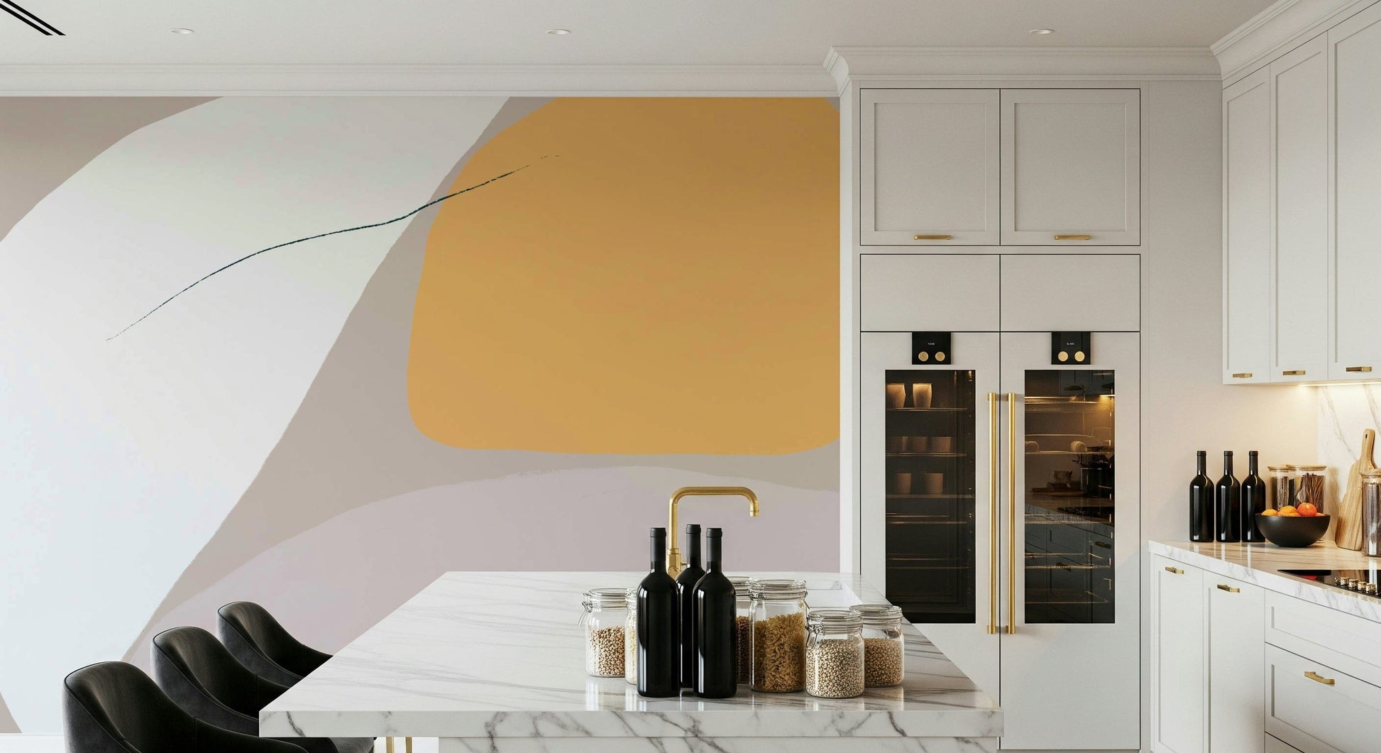 A peaceful modern abstract mural on decorative wallpaper.