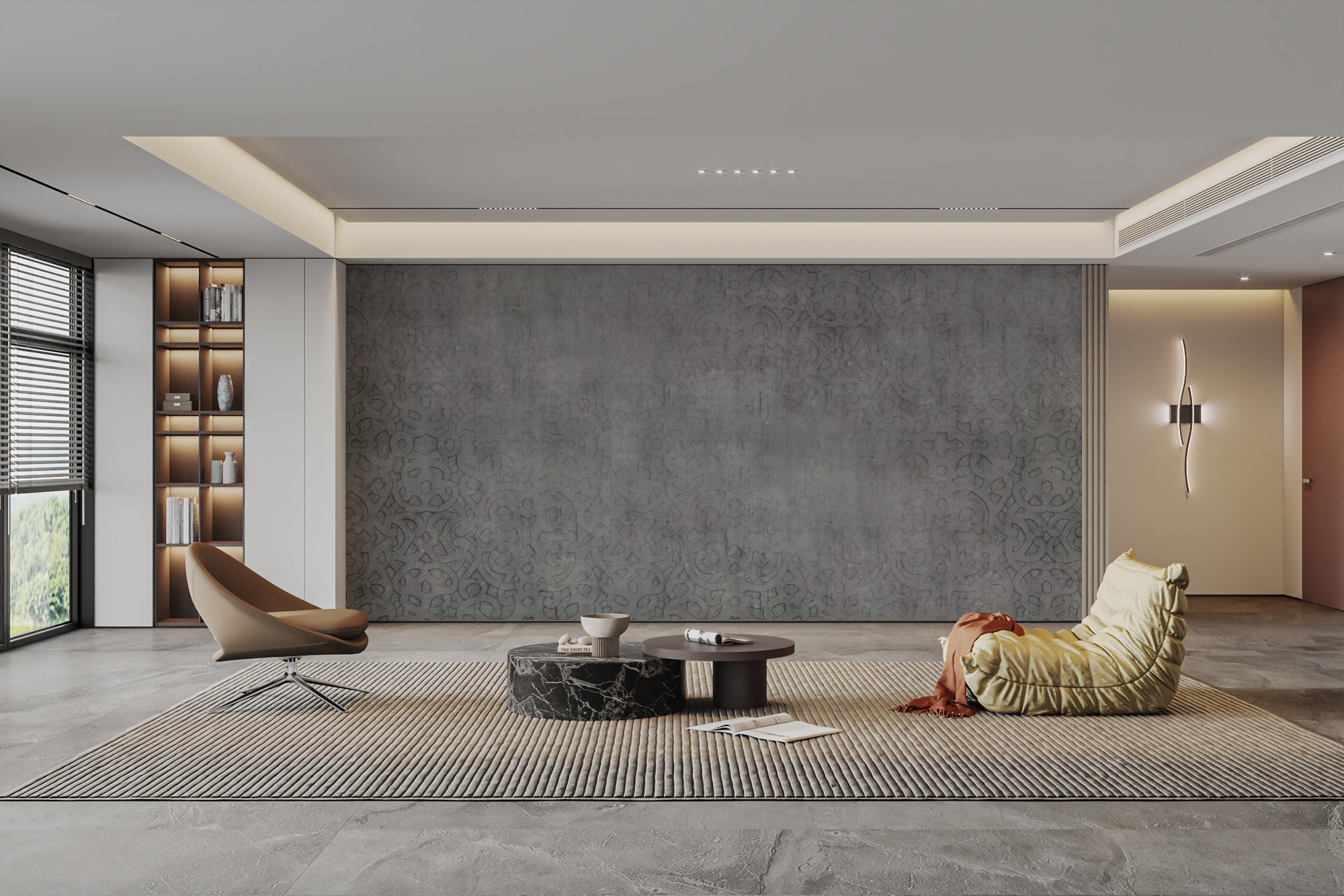 Modern Cement Aesthetic wallpaper mural in grey concrete behind a tan swivel chair and beanbag in a large living room
