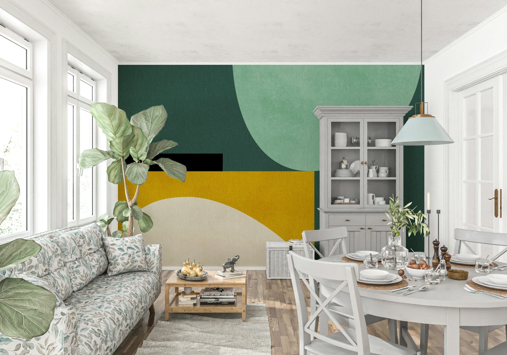 A beautiful modern art wall mural for a living room.