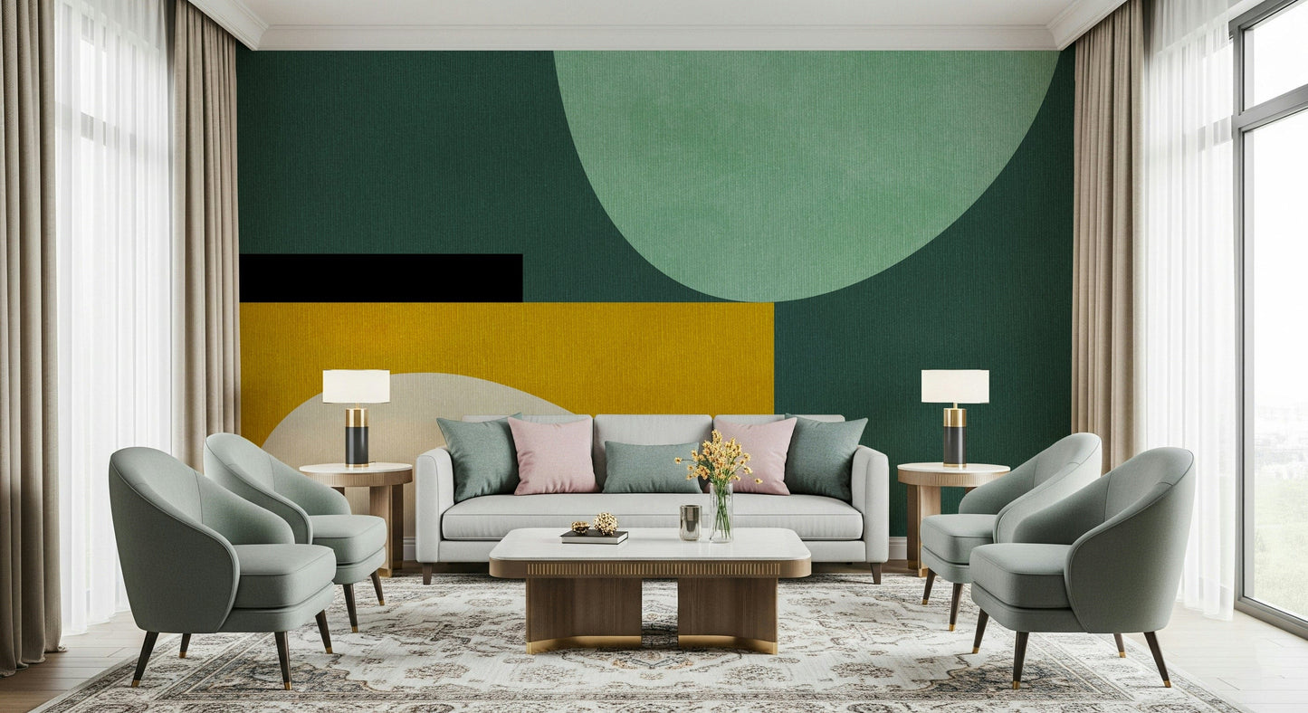 A peaceful modern abstract mural on decorative wallpaper.