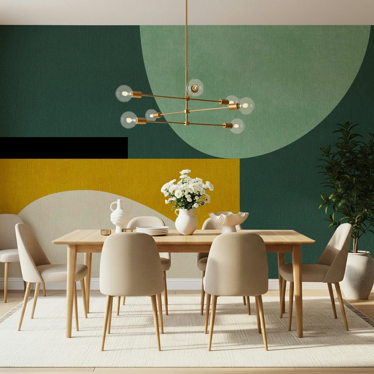 An artistic modern pattern mural on minimalist wallpaper.