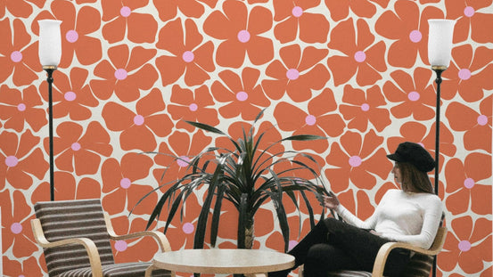Modern coral floral wallpaper with soft blooms

