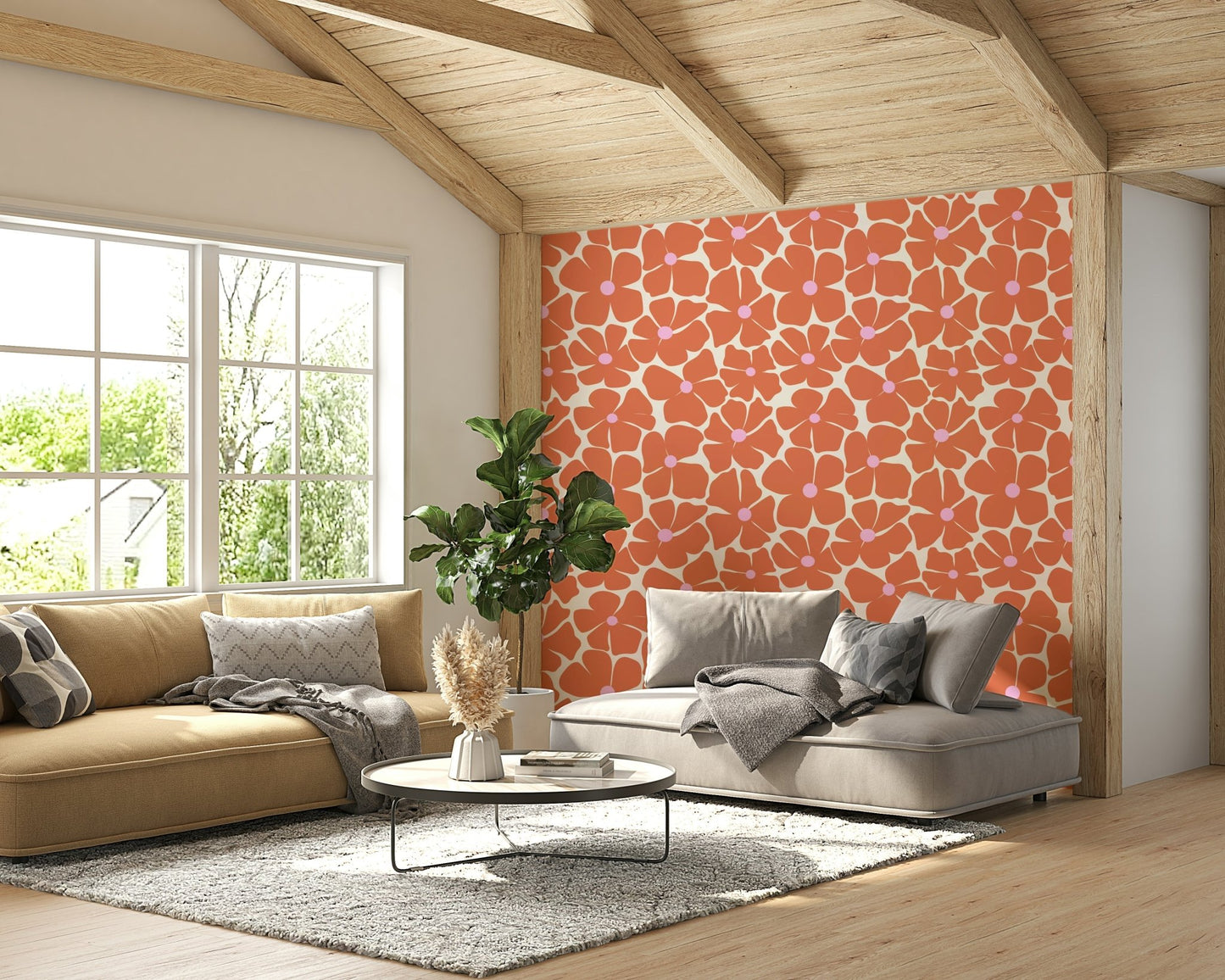 Fresh coral and pink floral wallpaper for walls

