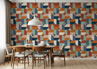 Modern Curves wallpaper geometric design, blush pink, brown, blue hues, focal point.