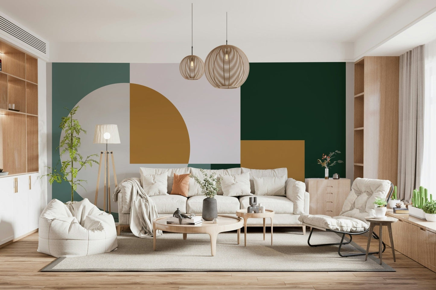 Abstract wall décor of overlapping circles and squares. Geometric Harmony art.