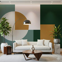 Decorative wall covering with large circular and angular forms. Modern mural.