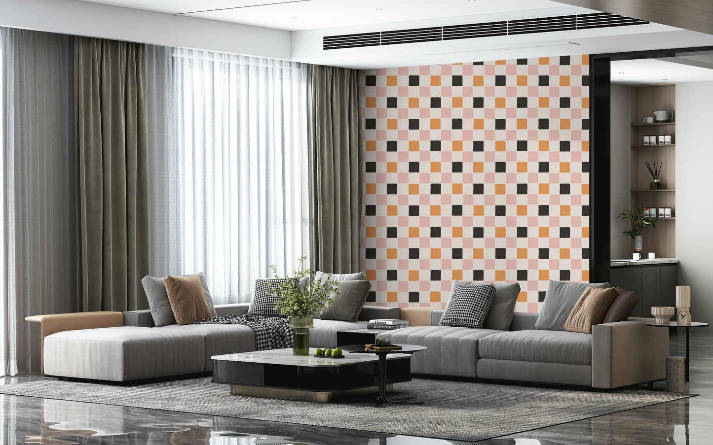 Geometric block wallpaper with a lively mix of bold hues.