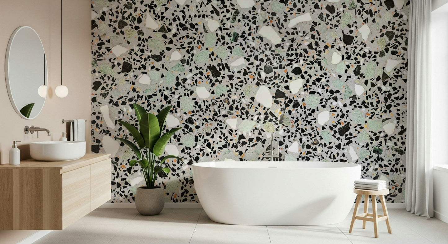 Modern Grey Terrazzo print wallpaper mosaic chips abstract pattern.