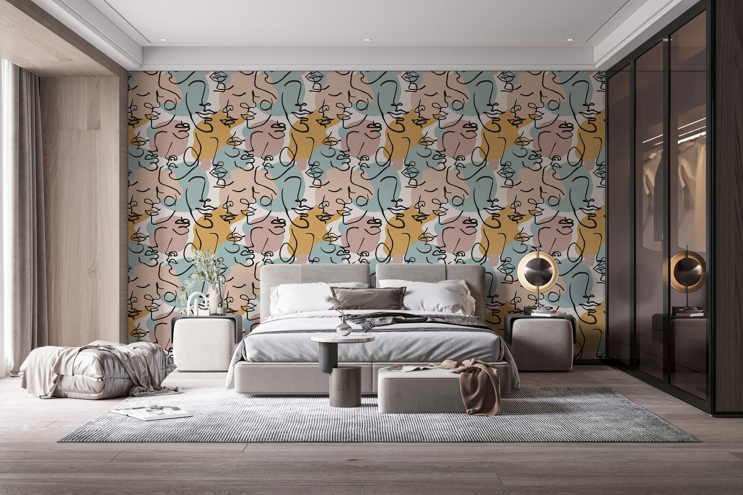 Contemporary human face line art mural