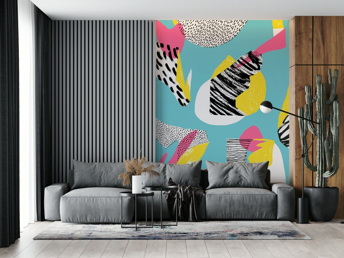 Modern Living Wall Mural – Multicolor Wallpaper – Contemporary design featuring vibrant abstract shapes for stylish home interiors.