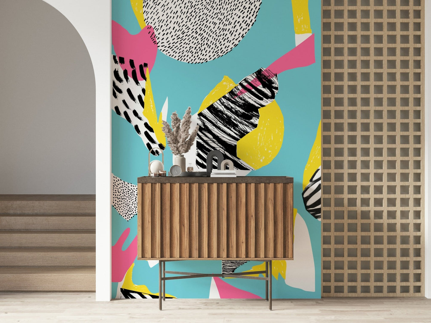 Abstract Modern Living Multicolor Wallpaper – Decorative wall mural with colorful geometric patterns for contemporary interiors.