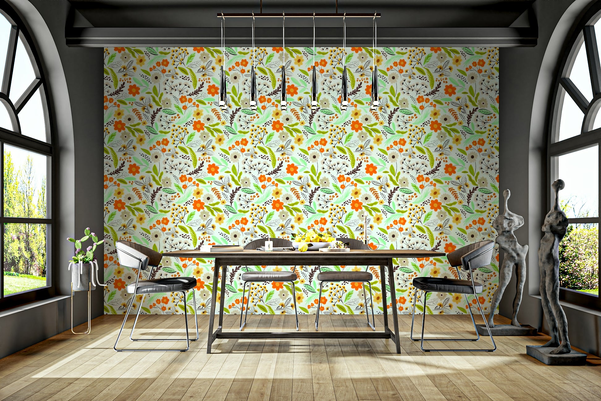 Stylish wallpaper with meadow-inspired floral motifs

