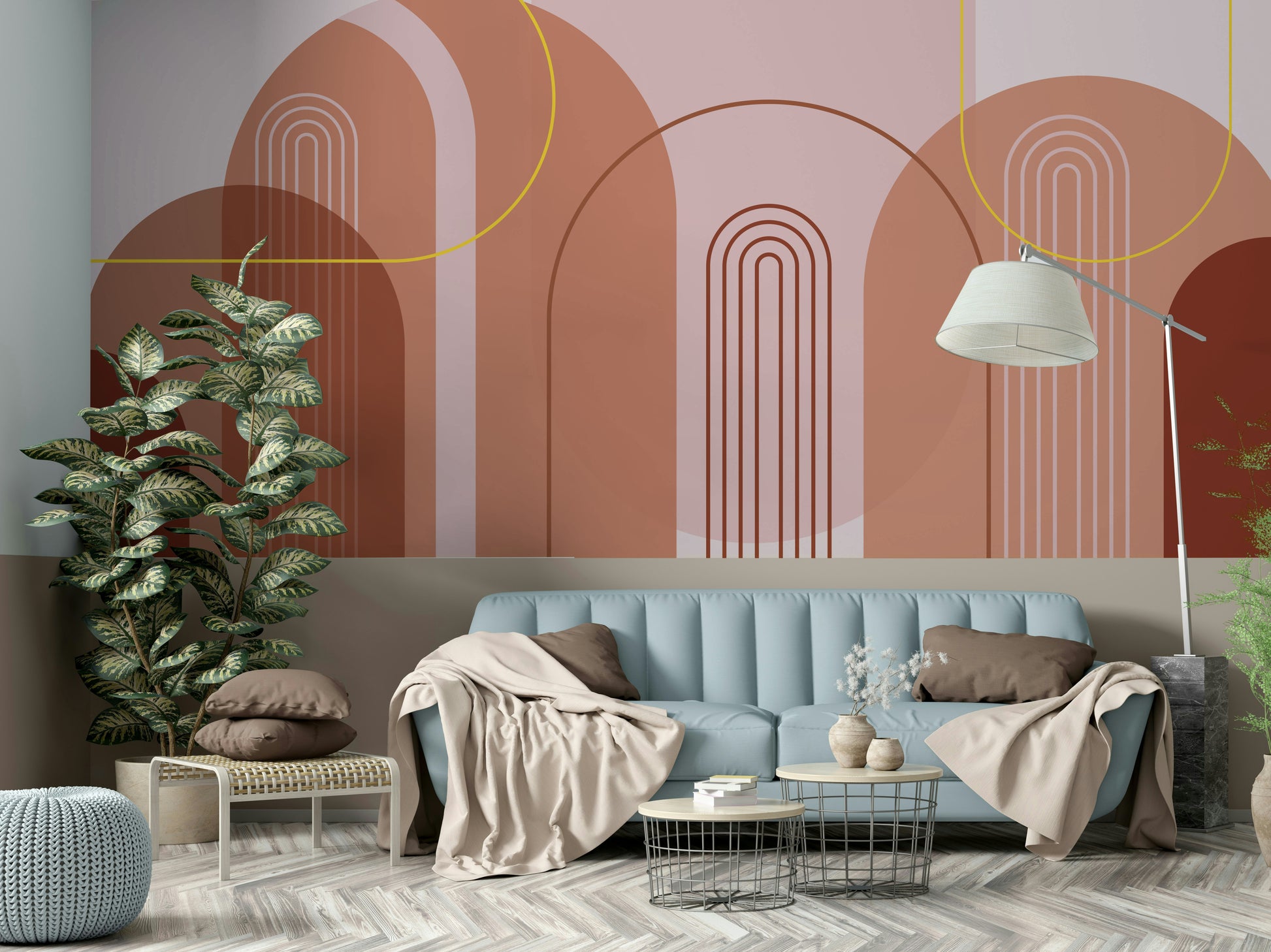 Warm neutral tones with geometric arches

