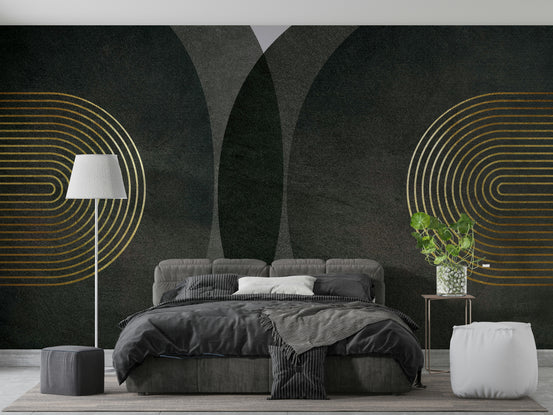 Modern Mid Century Charcoal Gold wallpaper mural with gold arches behind a grey upholstered bed and white floor lamp in a bedroom