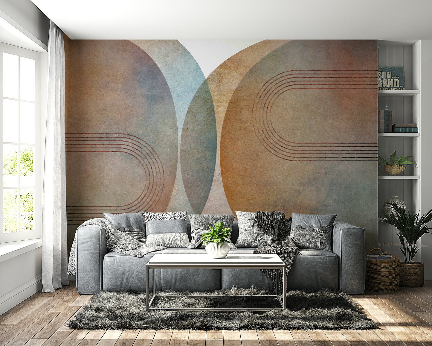 Vintage-inspired wall mural with soft arches

