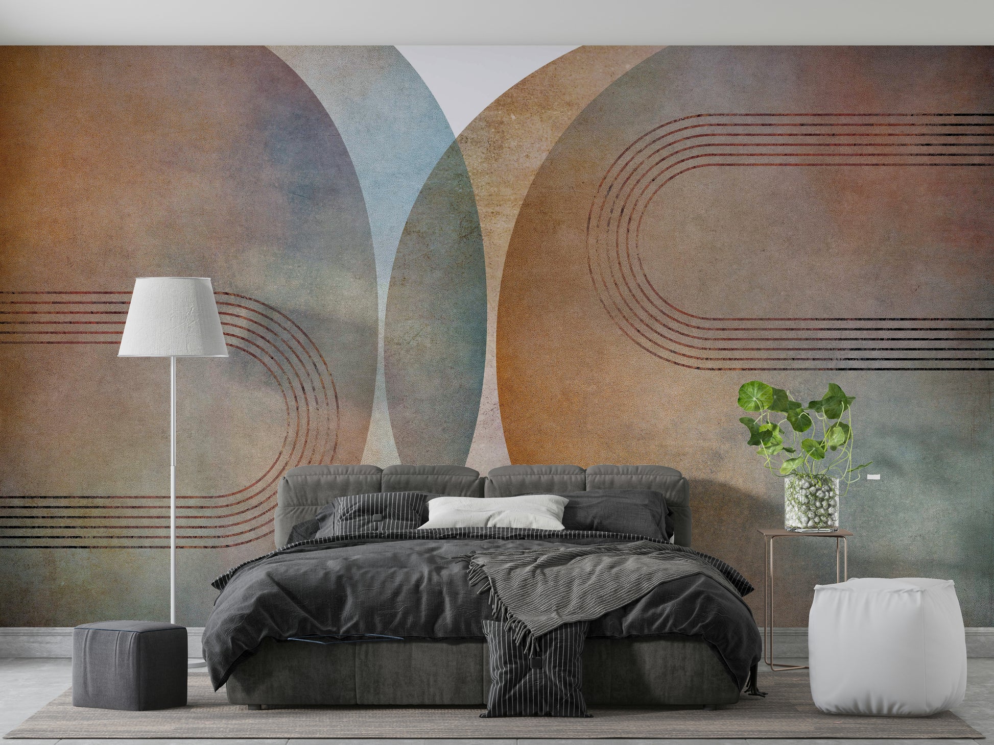 Mid-century curves wall mural in retro tones

