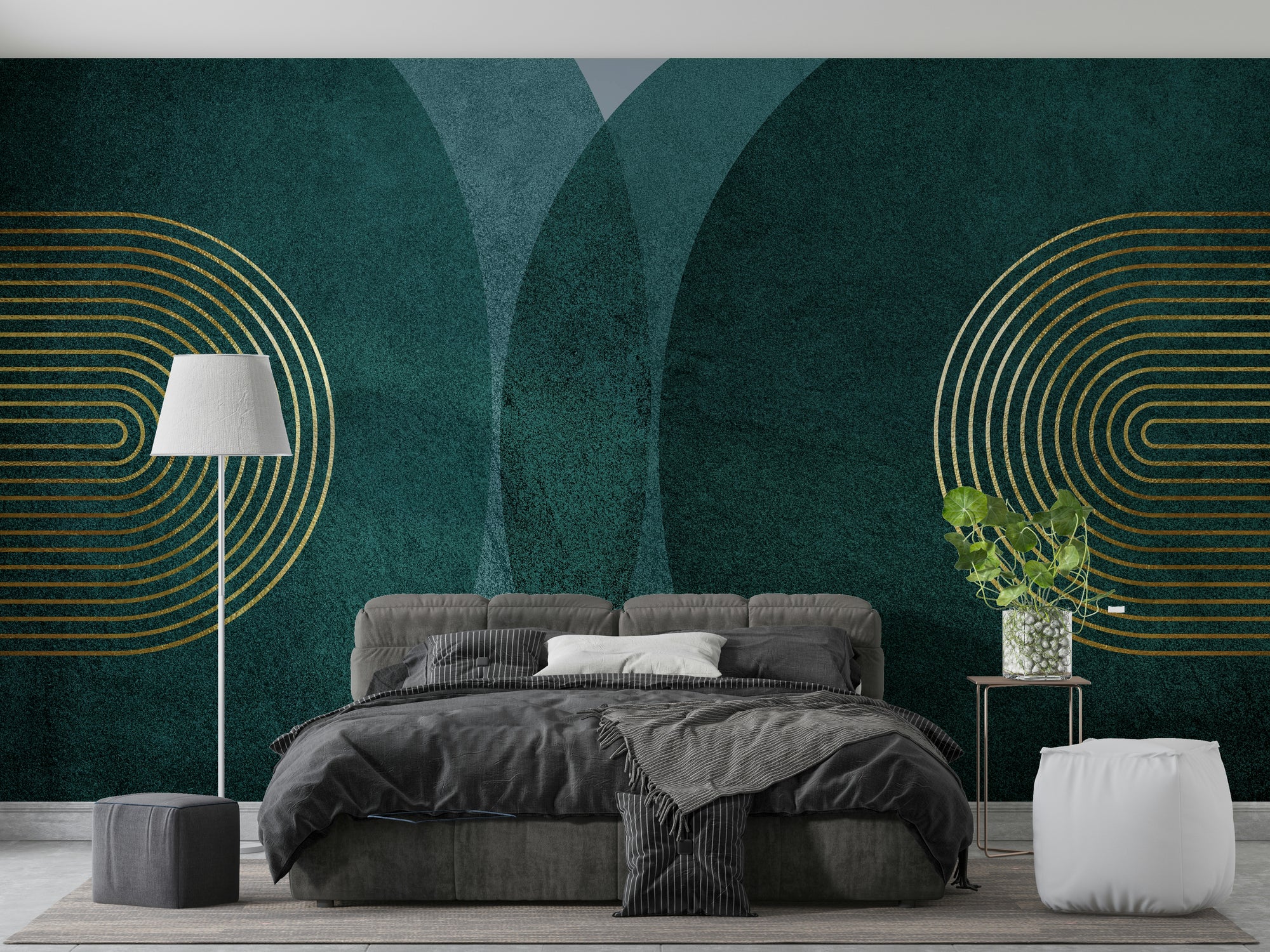 Modern Mid Century in Teal wallpaper mural with gold arches behind a gray upholstered bed in a bedroom