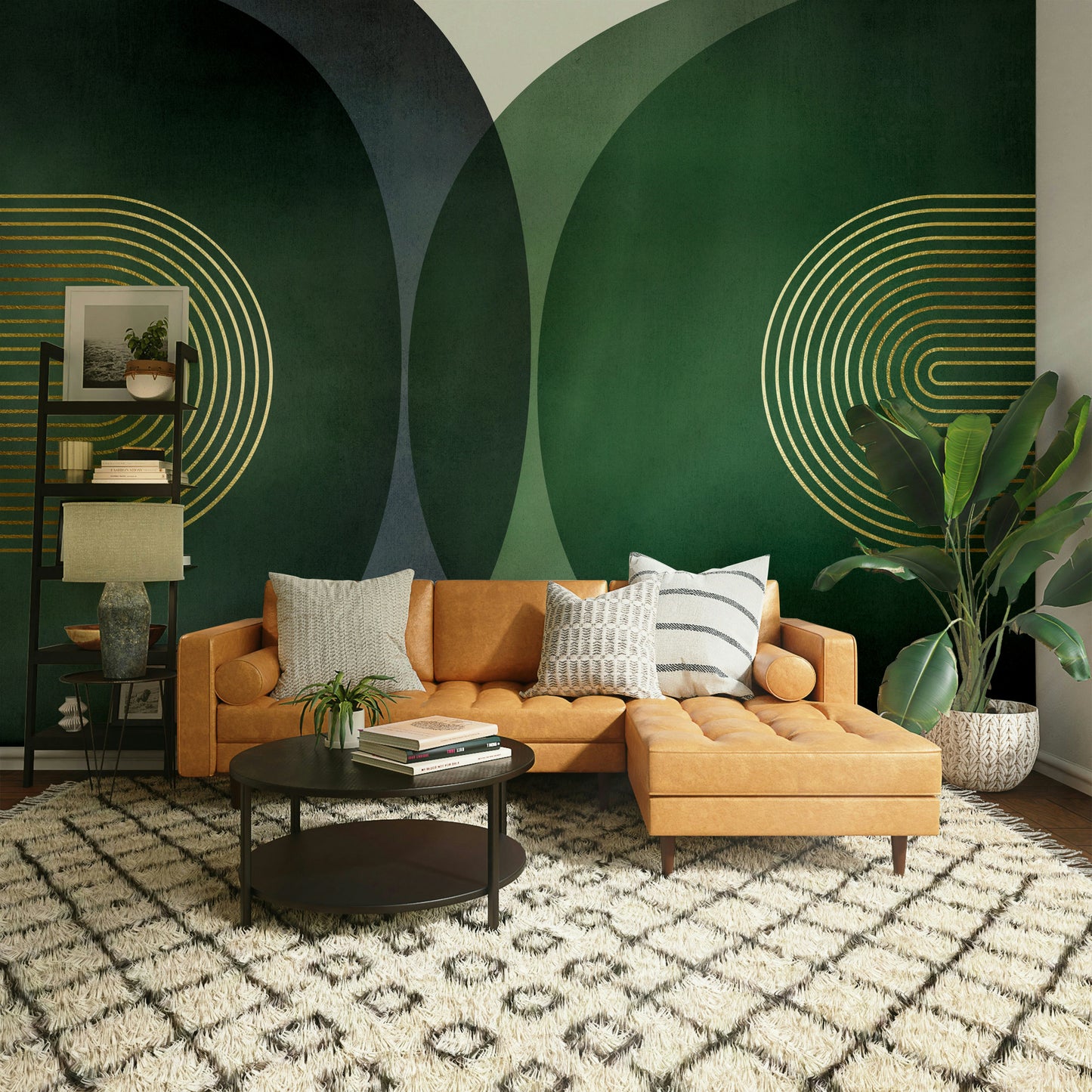 Living room with modern mid-century mural


