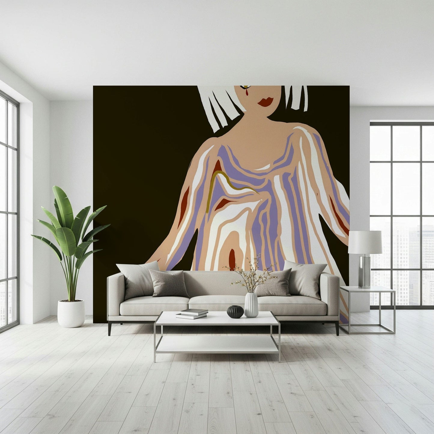 Abstract female portrait wall mural with bold lines