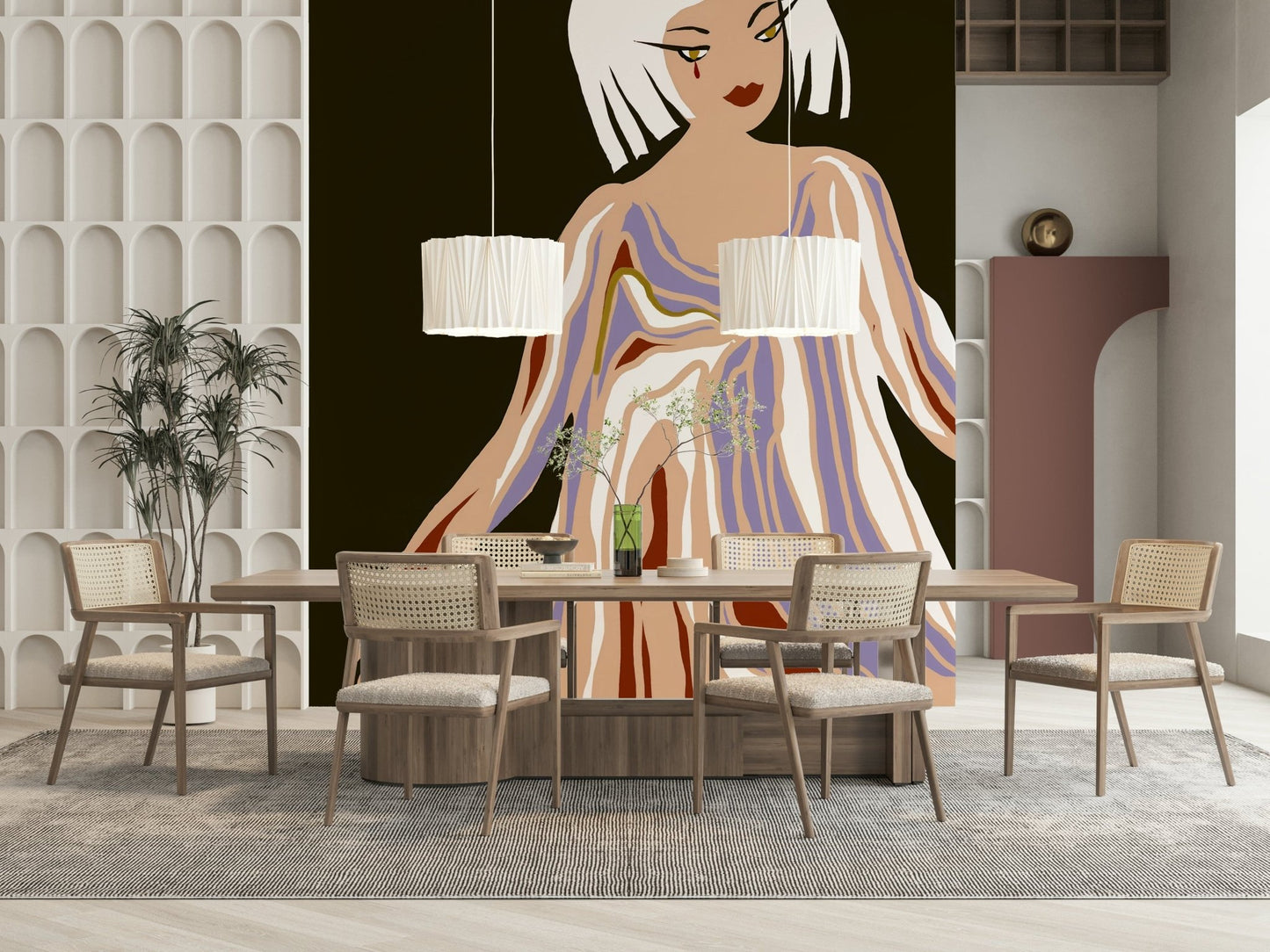 Modern art woman figure wall mural in earthy tones