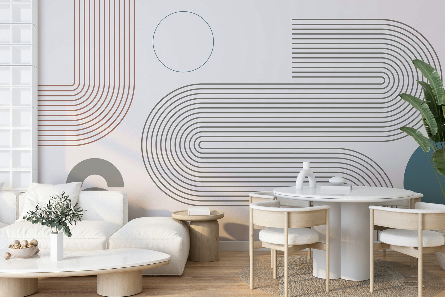 Retro stripes and curves on stylish wall mural

