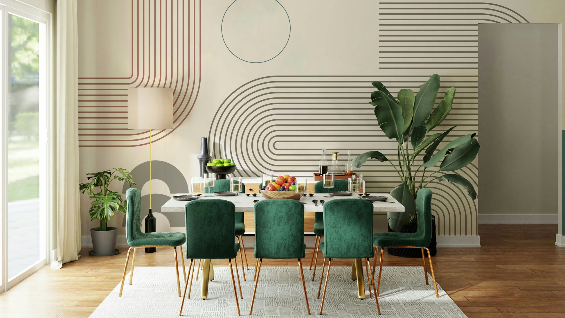 70s-inspired wall design with modern line art

