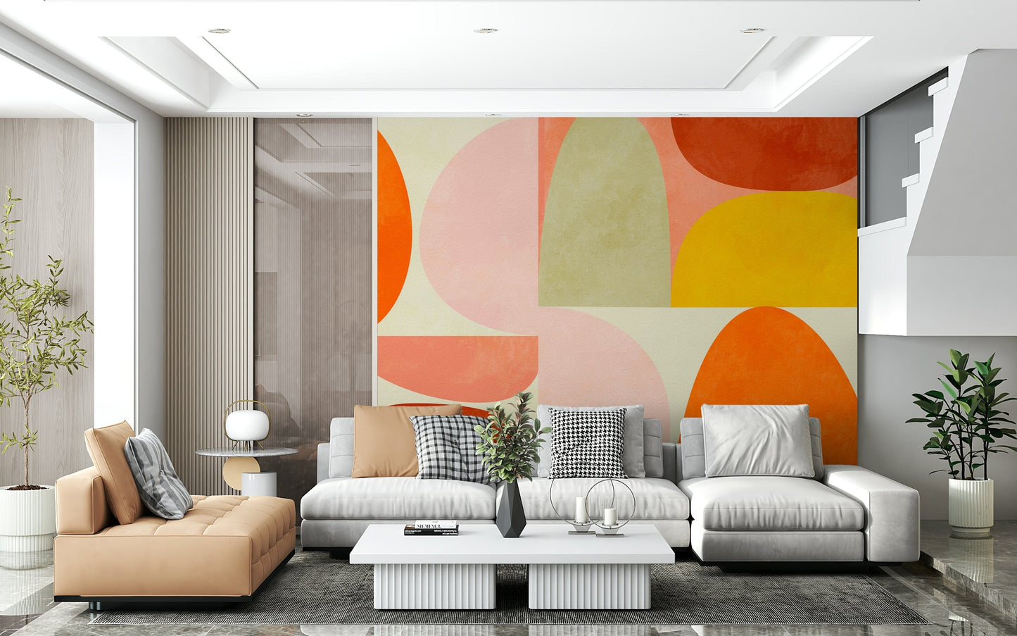 An artistic minimalist shape mural for home decor.

