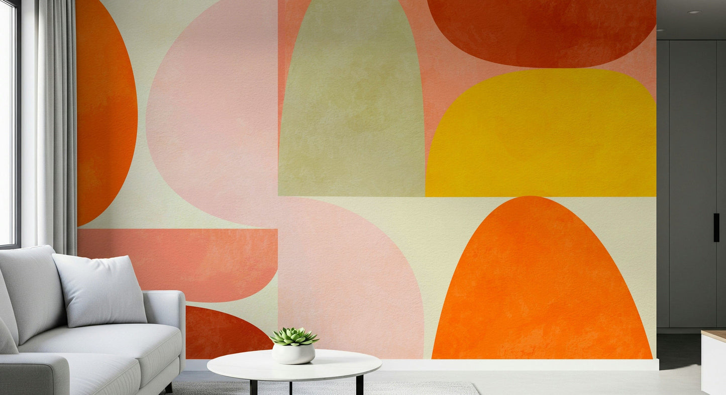A graceful subtle geometric wall mural in cool, natural tones.

