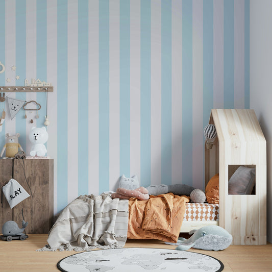 Modern striped wallpaper in beige and baby blue

