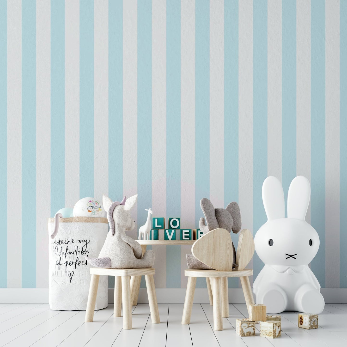 Baby blue modern wallpaper with vertical beige stripes

