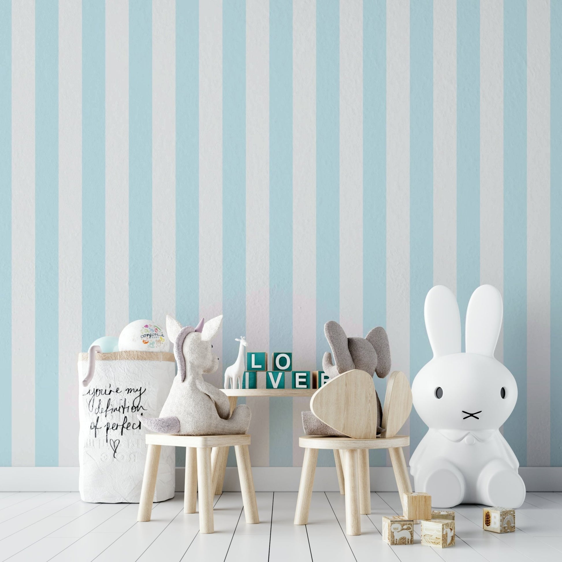 Baby blue modern wallpaper with vertical beige stripes

