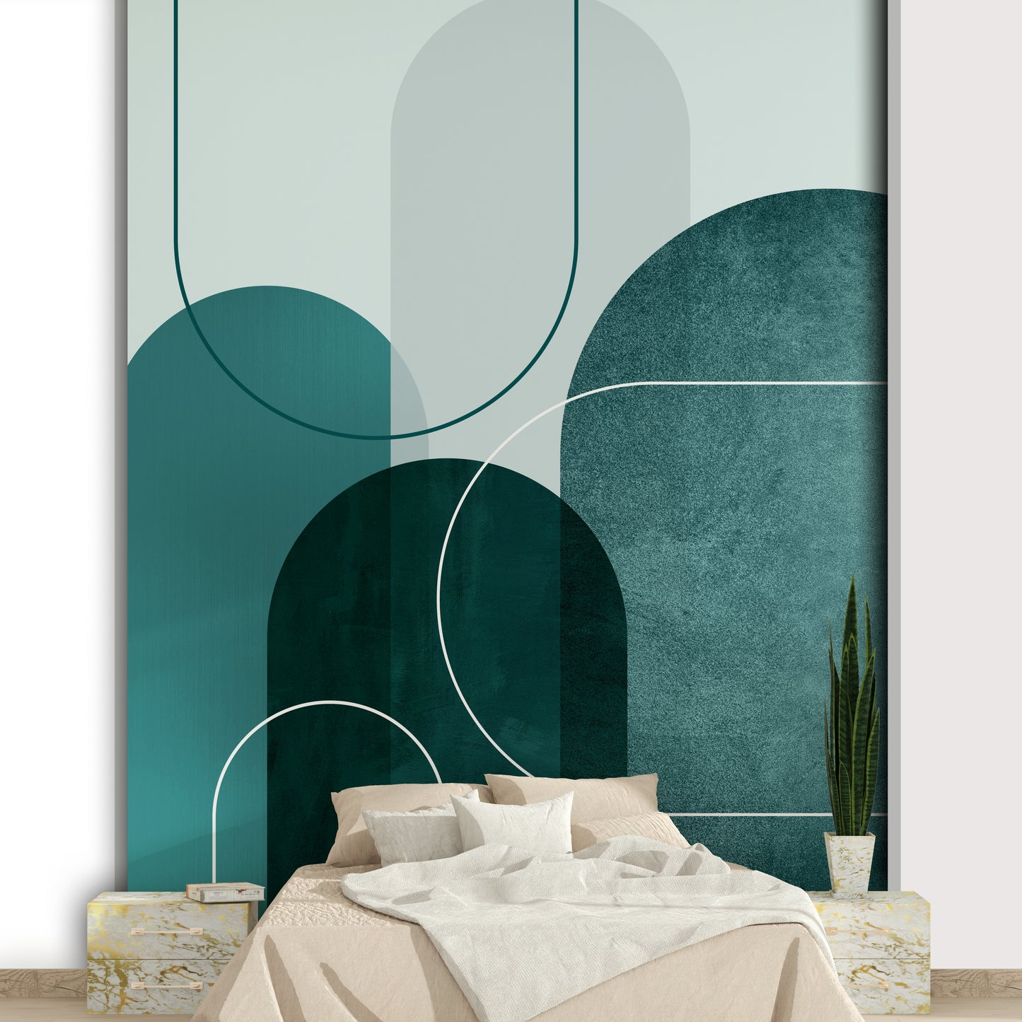 Teal and white geometric wall mural with arch design

