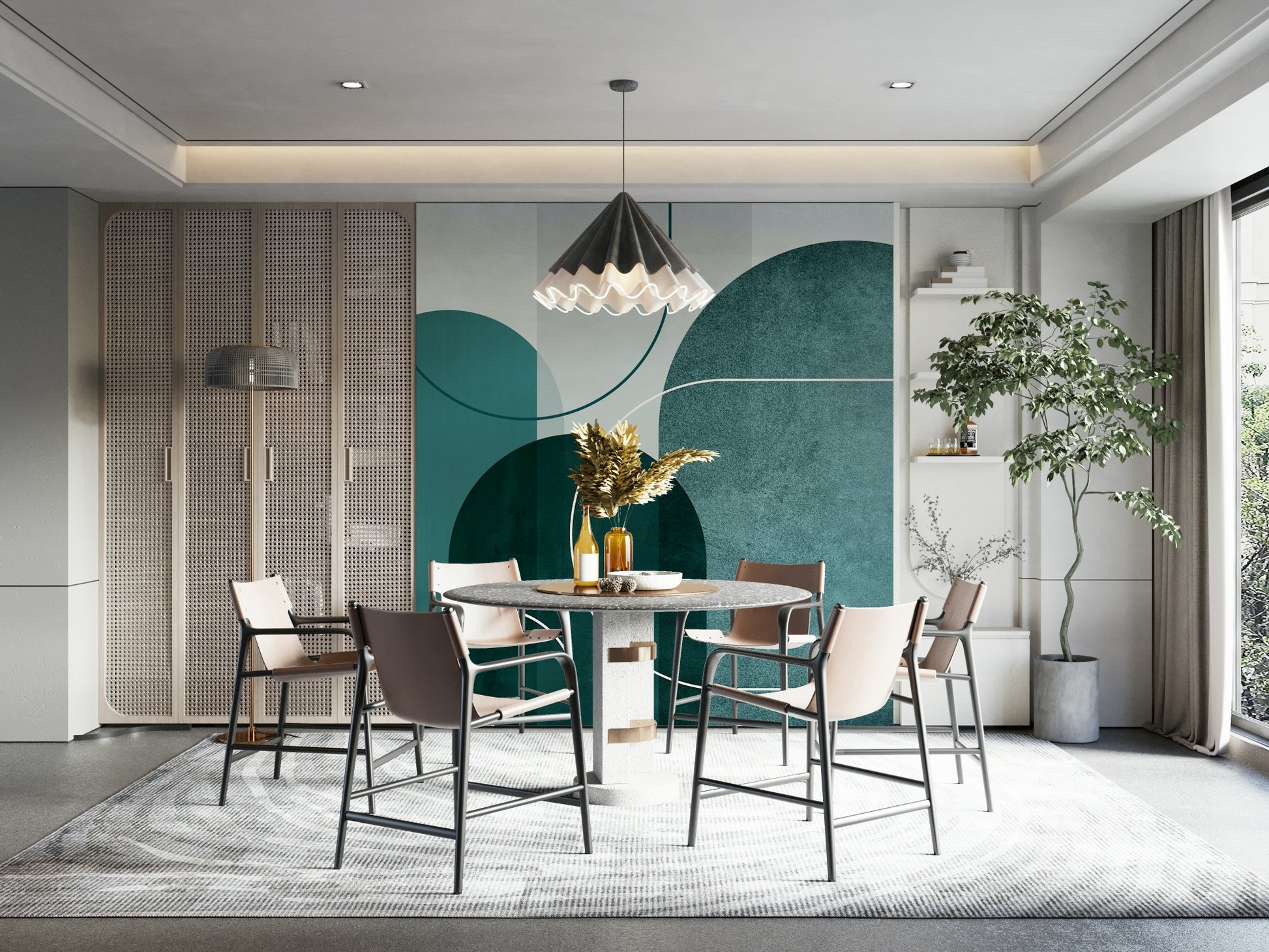 Bold teal arches wallpaper for modern living rooms

