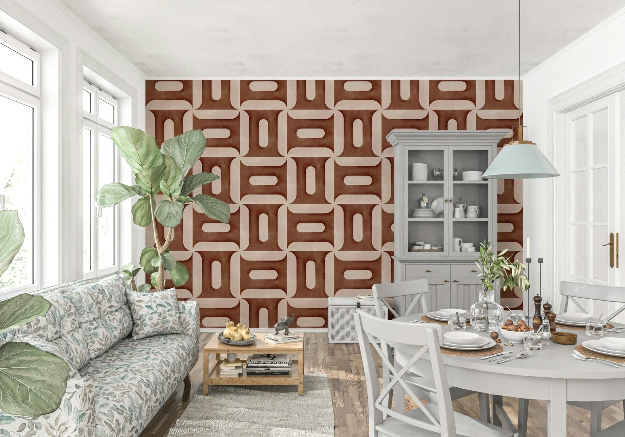 Modern Textured Geometries Copper wallpaper in a living and dining room with a floral sofa and grey hutch