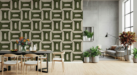 Modern Textured Geometries Olive wallpaper in a dining area beside a concrete wall and grey sofa
