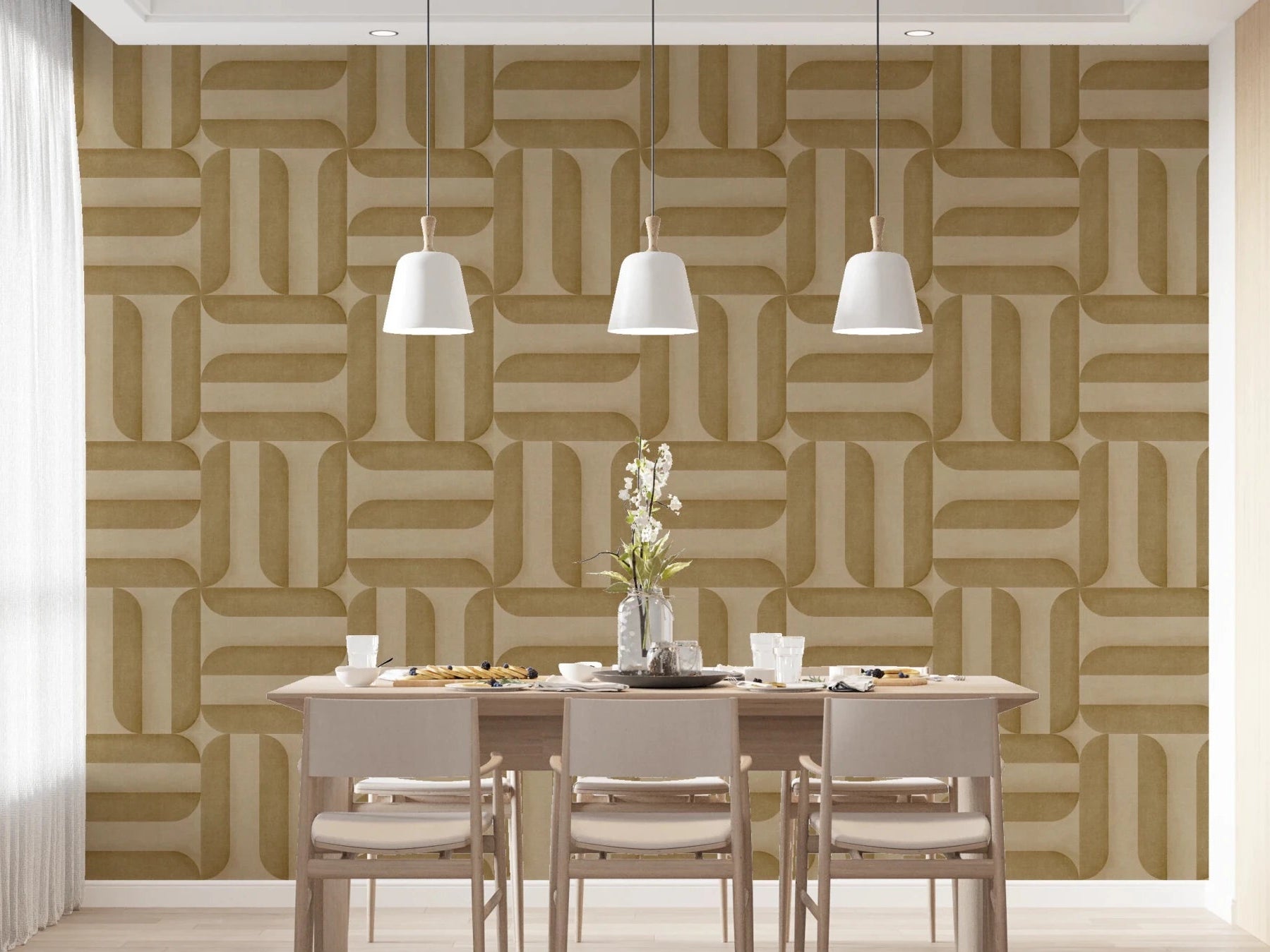 Modern Textured Signs Camel wallpaper with a camel basket-weave geometric pattern behind a wood dining table and chairs