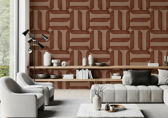 Modern Textured Signs Copper wallpaper in terracotta geometric shapes behind a white tufted sofa and two grey swivel chairs in a living room